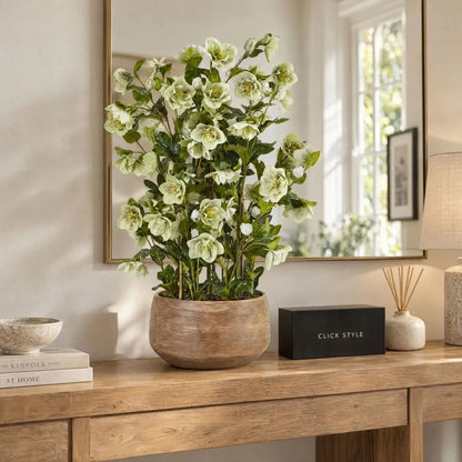 Artificial Green Hellebore Plant in Textured Taupe Pot – Realistic Green Faux Christmas Rose Flower Arrangement 85x52x52cm – Styled on Oak Console Table with Mirror & CLICK STYLE Branding | Click Style
