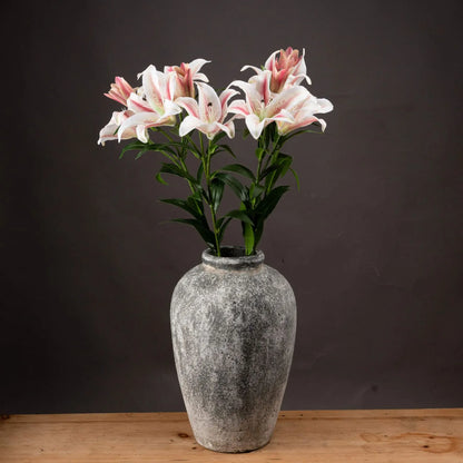 Artificial Long Stemmed Pink & White Oriental Stargazer Lily with Bendable Wired Stem – several realistic faux flowers styled in a modern decorative vase 90cm | Click Style
