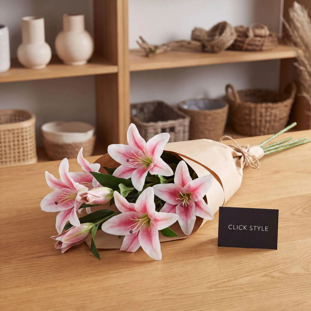 Artificial Long Stemmed Pink & White Oriental Stargazer Lily with Bendable Wired Stem – Realistic Faux Flower 90cm – five stems arranged as a florist-style bunch wrapped in natural brown paper | Click Style