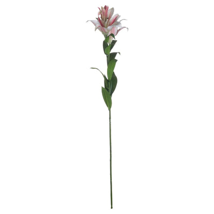 Artificial Long Stemmed Pink & White Oriental Stargazer Lily with Bendable Wired Stem – full view of single realistic faux flower stem 90cm | Click Style