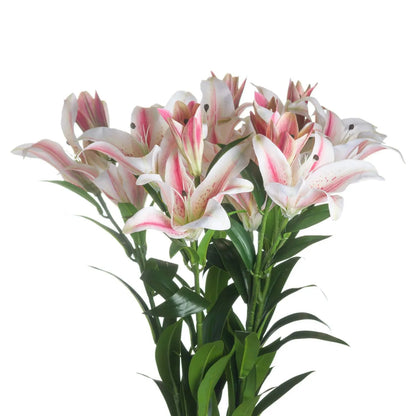 Artificial Long Stemmed Pink & White Oriental Stargazer Lily with Bendable Wired Stem – close-up of several realistic faux flowers and stems 90cm | Click Style
