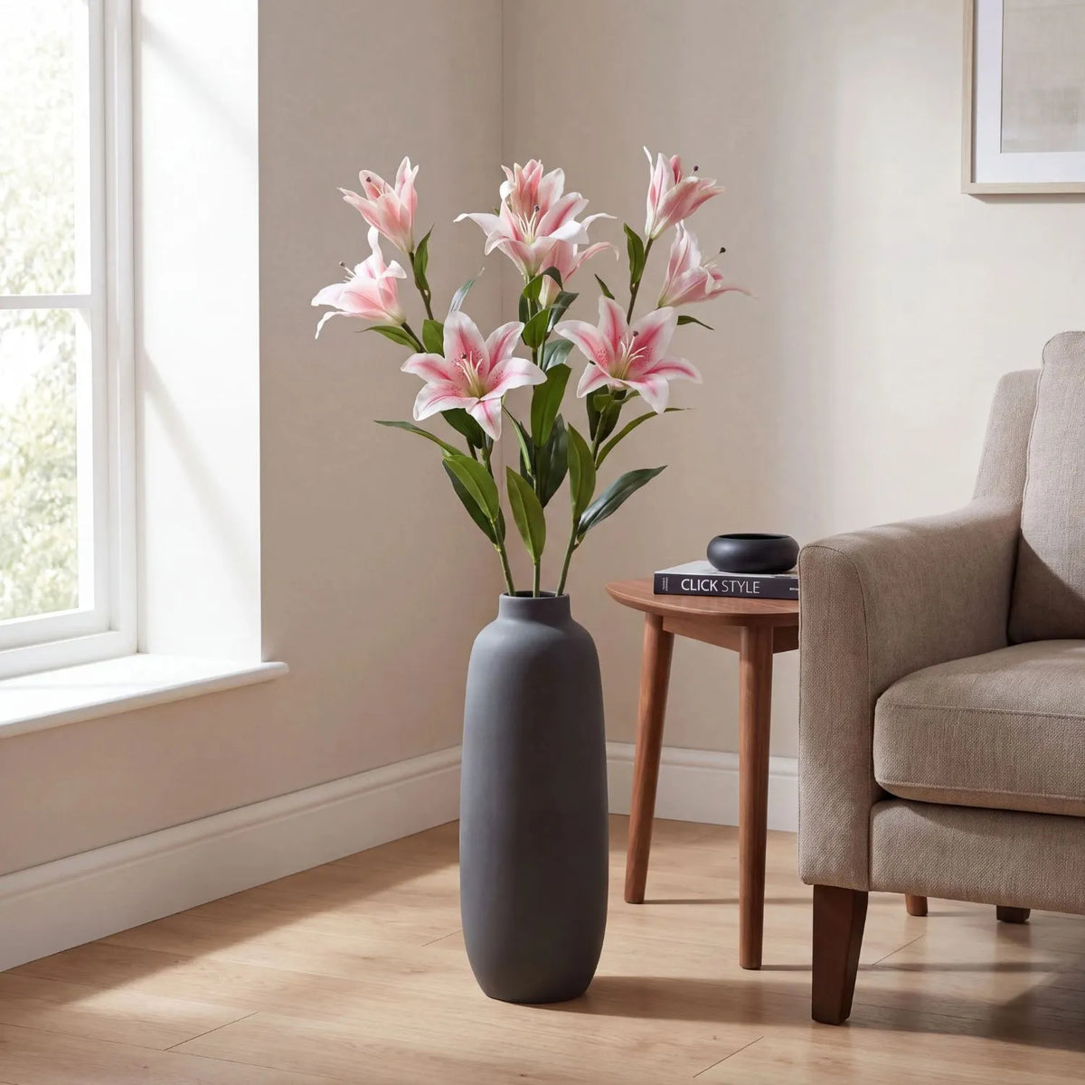 Artificial Long Stemmed Pink & White Oriental Stargazer Lily with Bendable Wired Stem – Realistic Faux Flower 90cm – five stems styled in a tall charcoal grey floor-standing vase | Click Style