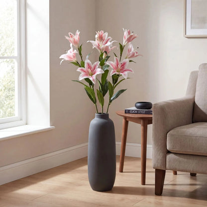 Artificial Long Stemmed Pink & White Oriental Stargazer Lily with Bendable Wired Stem – Realistic Faux Flower 90cm – five stems styled in a tall charcoal grey floor-standing vase | Click Style
