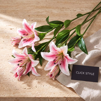 Artificial Long Stemmed Pink & White Oriental Stargazer Lily with Bendable Wired Stem – Realistic Faux Flower 90cm – three stems styled on warm travertine with close-up flower detailing | Click Style
