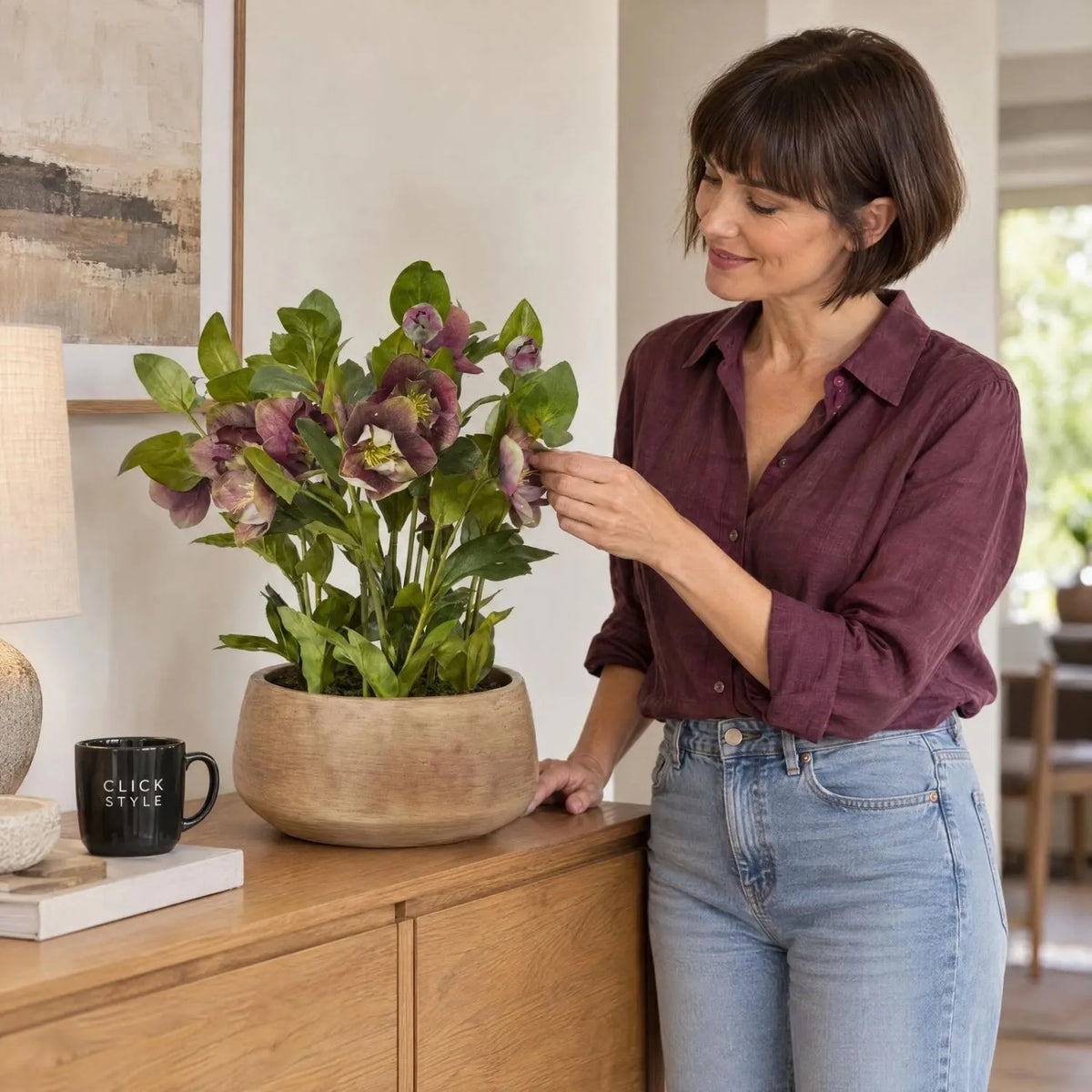 Artificial Mulberry Hellebore Plant in Taupe Ceramic Pot – Realistic Plum Faux Christmas Rose Flower Arrangement 41x38x33cm – Woman Styling Plant on Oak Sideboard | Click Style
