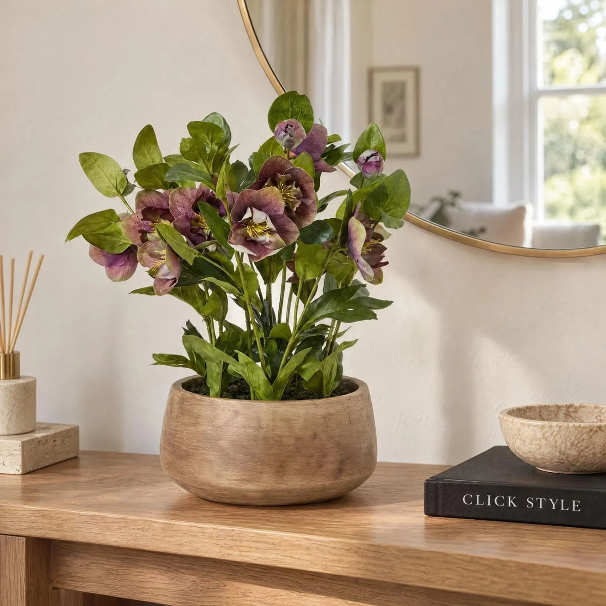 Artificial Mulberry Hellebore Plant in Taupe Ceramic Pot – Realistic Plum Faux Christmas Rose Flower Arrangement 41x38x33cm – Styled on Oak Console Table with Mirror | Click Style