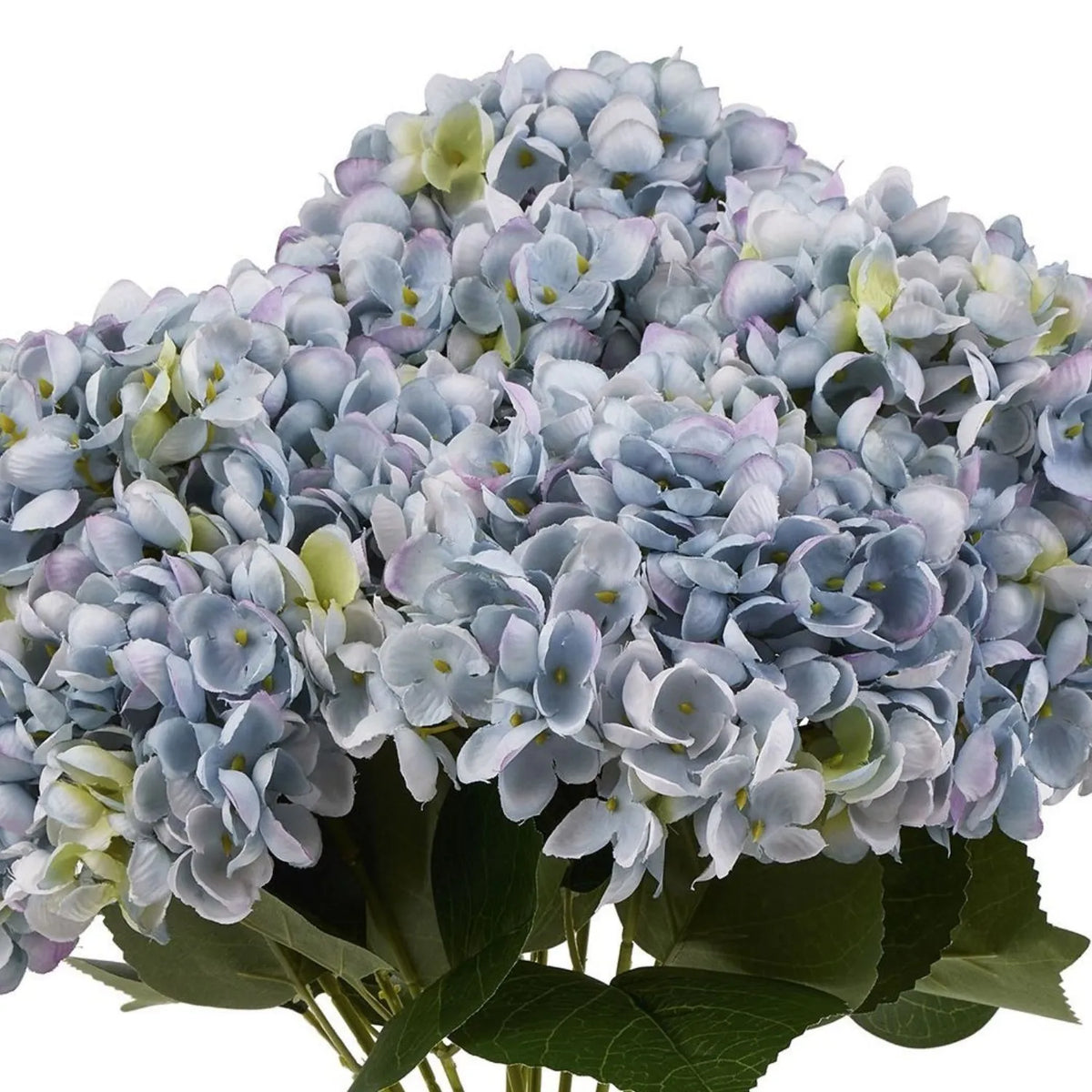 Artificial Multi-Tonal Blue Hydrangea Bouquet Stem with Five Flower Heads & Realistic Green Leaves – Faux Blue Hydrangea Flower 47x23x23cm – Close-Up of Powder Blue and Lilac Hydrangea Petals with Yellow-Green Centres | Click Style