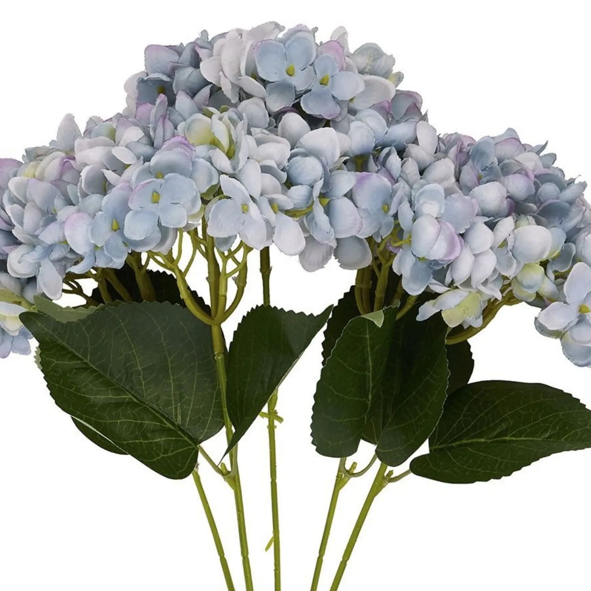 Artificial Multi-Tonal Blue Hydrangea Bouquet Stem with Five Flower Heads & Realistic Green Leaves – Faux Blue Hydrangea Flower 47x23x23cm – Detailed View of Branching Flower Heads and Realistic Green Foliage | Click Style