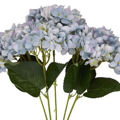 Artificial Multi-Tonal Blue Hydrangea Bouquet Stem with Five Flower Heads & Realistic Green Leaves – Faux Blue Hydrangea Flower 47x23x23cm – Detailed View of Branching Flower Heads and Realistic Green Foliage | Click Style