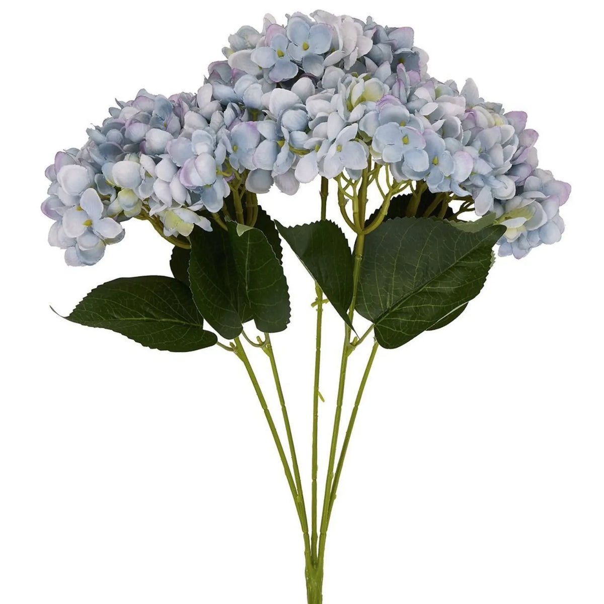 Artificial Multi-Tonal Blue Hydrangea Bouquet Stem with Five Flower Heads & Realistic Green Leaves – Faux Blue Hydrangea Flower 47x23x23cm – Close-Up of Five Blue Flower Heads with Lilac Tones and Veined Green Leaves | Click Style