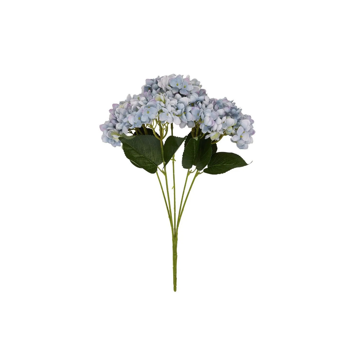 Artificial Multi-Tonal Blue Hydrangea Bouquet Stem with Five Flower Heads & Realistic Green Leaves – Faux Blue Hydrangea Flower 47x23x23cm – Full Five-Head Bouquet Stem on White Background | Click Style
