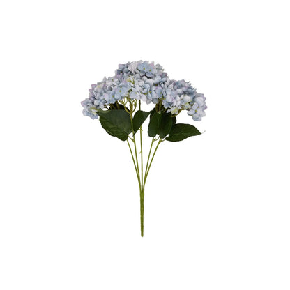 Artificial Multi-Tonal Blue Hydrangea Bouquet Stem with Five Flower Heads & Realistic Green Leaves – Faux Blue Hydrangea Flower 47x23x23cm – Full Five-Head Bouquet Stem on White Background | Click Style