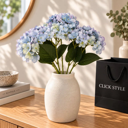 Artificial Multi-Tonal Blue Hydrangea Bouquet Stem with Five Flower Heads & Realistic Green Leaves – Faux Blue Hydrangea Flower 47x23x23cm – Pastel Blue and Lilac Hydrangeas in Textured Cream Vase with Black CLICK STYLE Bag | Click Style