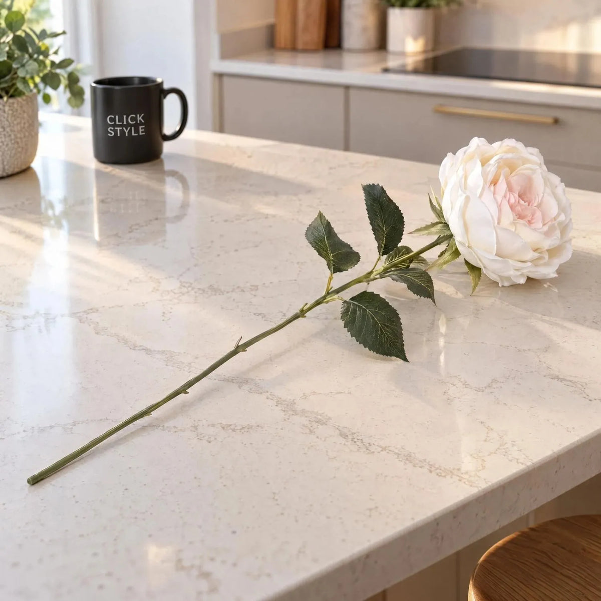 Artificial Pale Blush Garden Rose Stem with Large Open Bloom – Lifelike Cream & Blush Pink Faux Rose Flower with Realistic Green Foliage 64cm – Single Complete Stem on Quartz Kitchen Island | Click Style