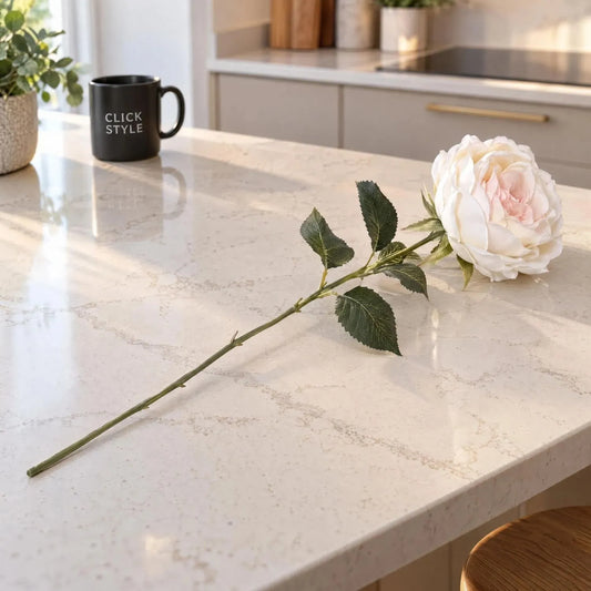 Artificial Pale Blush Garden Rose Stem with Large Open Bloom – Lifelike Cream & Blush Pink Faux Rose Flower with Realistic Green Foliage 64cm – Single Complete Stem on Quartz Kitchen Island | Click Style