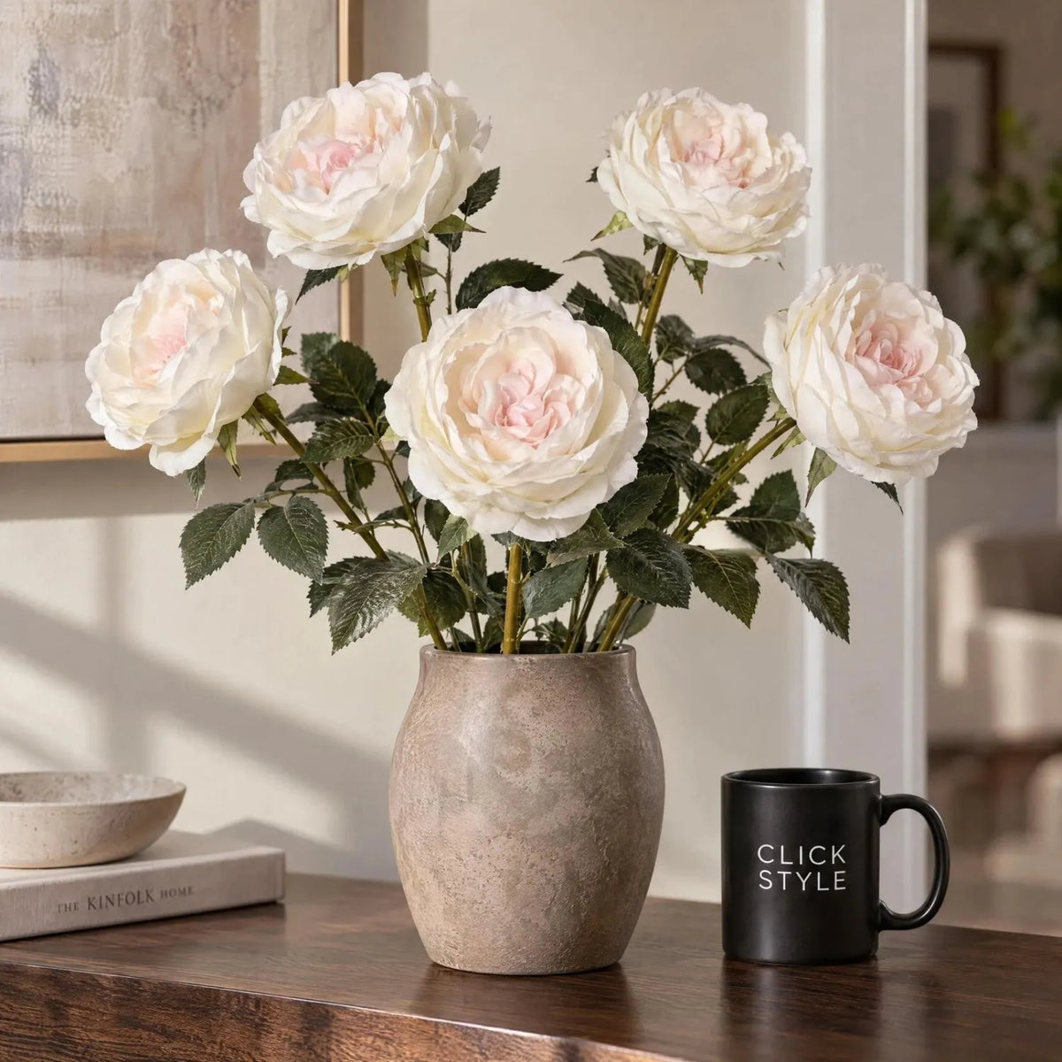Artificial Pale Blush Garden Rose Stem with Large Open Bloom – Lifelike Cream & Blush Pink Faux Rose Flower with Realistic Green Foliage 64cm – Five Stem Arrangement in Stone Ceramic Vase | Click Style