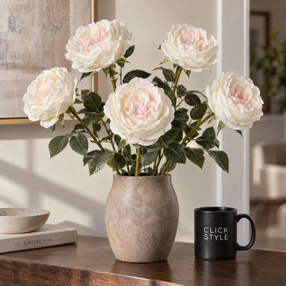 Artificial Pale Blush Garden Rose Stem with Large Open Bloom – Lifelike Cream & Blush Pink Faux Rose Flower with Realistic Green Foliage 64cm – Five Stem Arrangement in Stone Ceramic Vase | Click Style