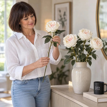 Artificial Pale Blush Garden Rose Stem with Large Open Bloom – Lifelike Cream & Blush Pink Faux Rose Flower with Realistic Green Foliage 64cm – Woman Styling Flexible Rose Stem in Ceramic Vase Arrangement | Click Style