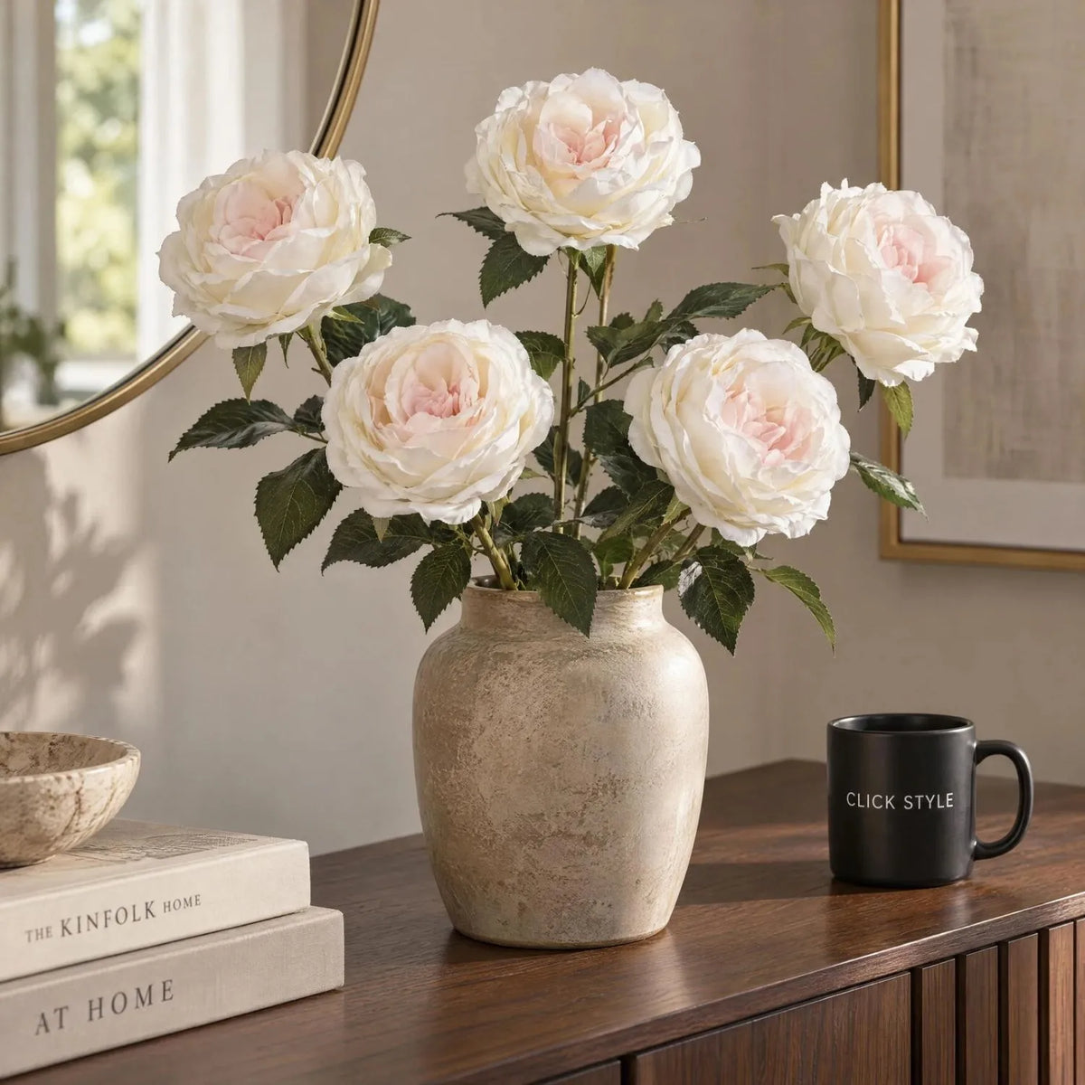 Artificial Pale Blush Garden Rose Stem with Large Open Bloom – Lifelike Cream & Blush Pink Faux Rose Flower with Realistic Green Foliage 64cm – Five Stem Arrangement Showing Layered Cream & Blush Pink Blooms | Click Style