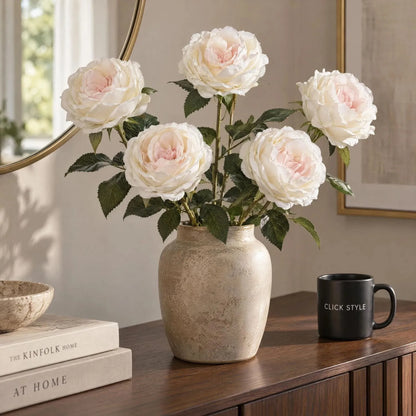 Artificial Pale Blush Garden Rose Stem with Large Open Bloom – Lifelike Cream & Blush Pink Faux Rose Flower with Realistic Green Foliage 64cm – Five Stem Arrangement Showing Layered Cream & Blush Pink Blooms | Click Style