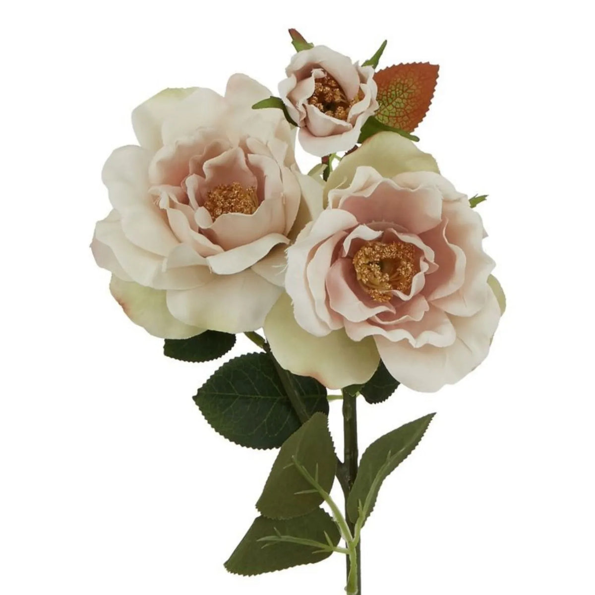 Artificial Pale Blush Tea Rose Stem with Open Blooms & Rosebud – Lifelike Palest Blush Pink Faux Rose Flowers with Realistic Green Foliage 60cm – Detailed View of Layered Blush Pink Blooms Golden Stamens & Rosebud | Click Style