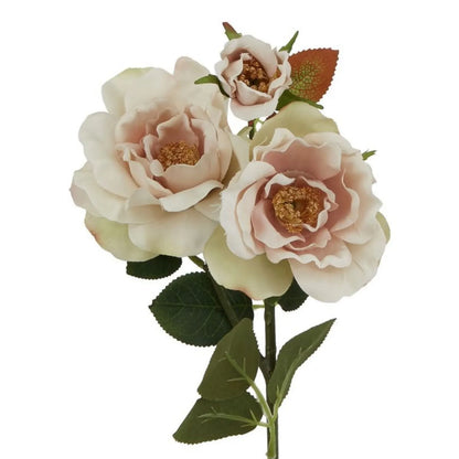 Artificial Pale Blush Tea Rose Stem with Open Blooms & Rosebud – Lifelike Palest Blush Pink Faux Rose Flowers with Realistic Green Foliage 60cm – Detailed View of Layered Blush Pink Blooms Golden Stamens & Rosebud | Click Style