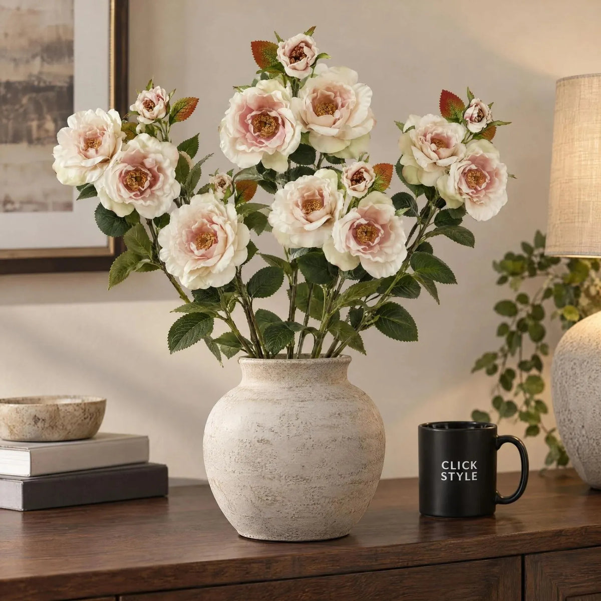 Artificial Pale Blush Tea Rose Stem with Open Blooms & Rosebud – Lifelike Palest Blush Pink Faux Rose Flowers with Realistic Green Foliage 60cm – Five Stem Arrangement in Stone Ceramic Vase | Click Style