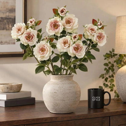 Artificial Pale Blush Tea Rose Stem with Open Blooms & Rosebud – Lifelike Palest Blush Pink Faux Rose Flowers with Realistic Green Foliage 60cm – Five Stem Arrangement in Stone Ceramic Vase | Click Style