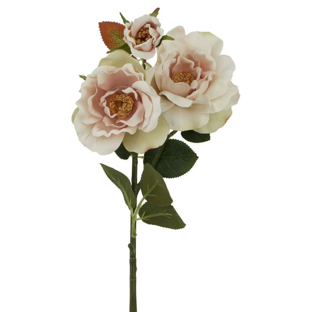 Artificial Pale Blush Tea Rose Stem with Open Blooms & Rosebud – Lifelike Palest Blush Pink Faux Rose Flowers with Realistic Green Foliage 60cm – Close-Up of Open Blush Pink Blooms Rosebud & Green Foliage | Click Style