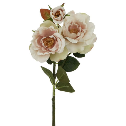 Artificial Pale Blush Tea Rose Stem with Open Blooms & Rosebud – Lifelike Palest Blush Pink Faux Rose Flowers with Realistic Green Foliage 60cm – Close-Up of Open Blush Pink Blooms Rosebud & Green Foliage | Click Style