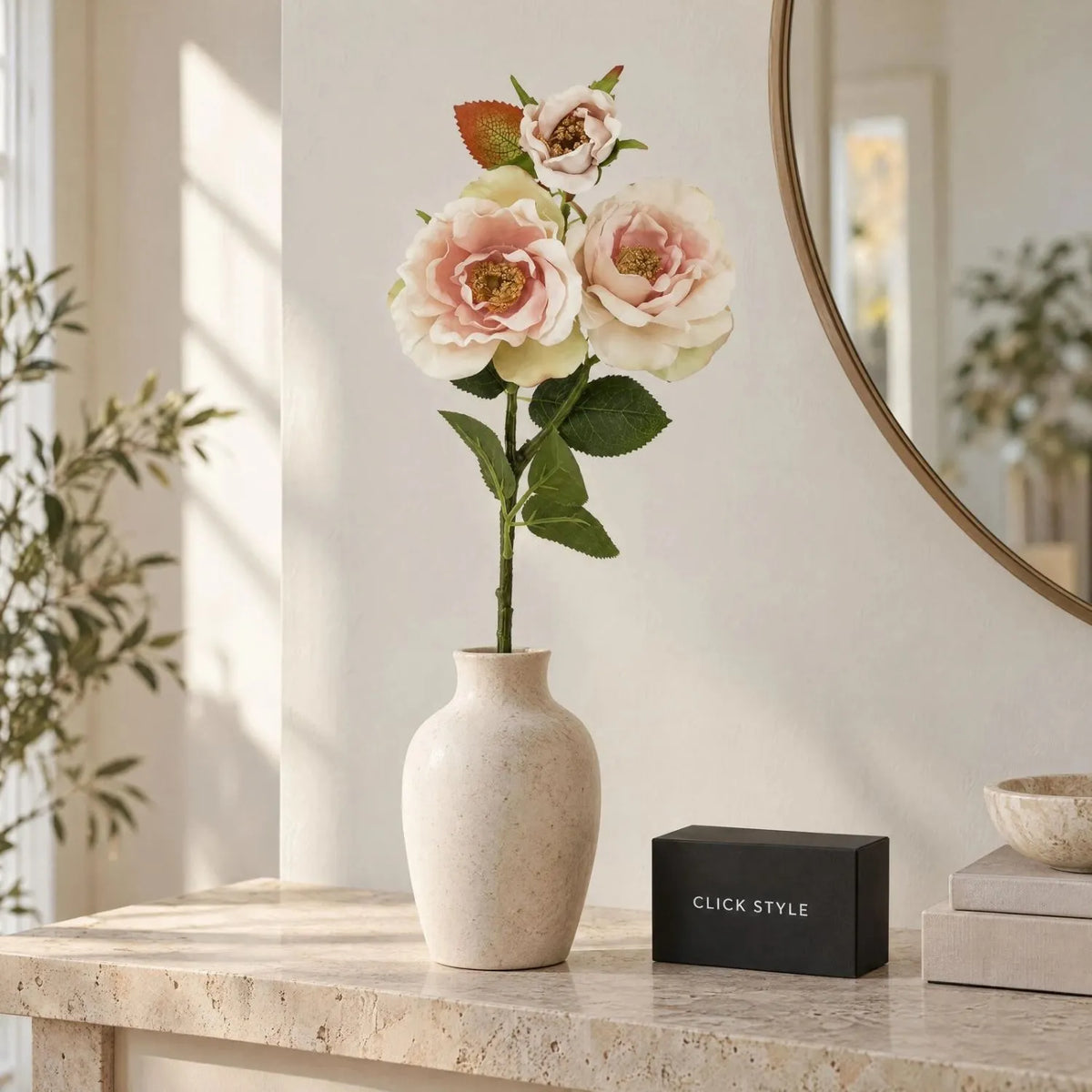 Artificial Pale Blush Tea Rose Stem with Open Blooms & Rosebud – Lifelike Palest Blush Pink Faux Rose Flowers with Realistic Green Foliage 60cm – Single Stem Displayed in Stone Ceramic Vase | Click Style