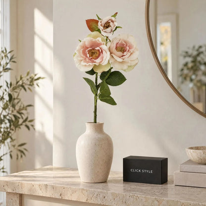 Artificial Pale Blush Tea Rose Stem with Open Blooms & Rosebud – Lifelike Palest Blush Pink Faux Rose Flowers with Realistic Green Foliage 60cm – Single Stem Displayed in Stone Ceramic Vase | Click Style