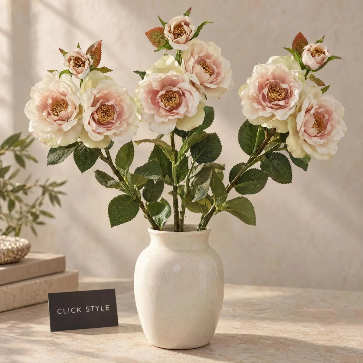 Artificial Pale Blush Tea Rose Stem with Open Blooms & Rosebud – Lifelike Palest Blush Pink Faux Rose Flowers with Realistic Green Foliage 60cm – Three Stem Botanical Arrangement with Open Blooms & Rosebuds | Click Style