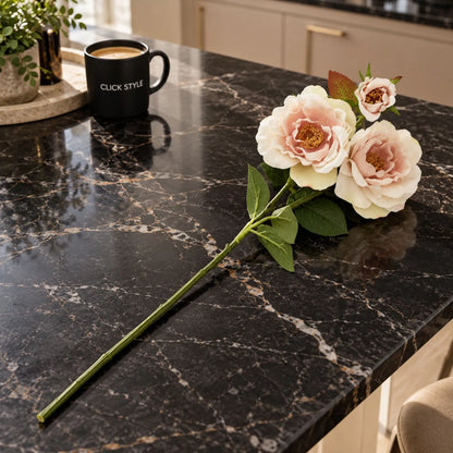 Artificial Pale Blush Tea Rose Stem with Open Blooms & Rosebud – Lifelike Palest Blush Pink Faux Rose Flowers with Realistic Green Foliage 60cm – Full-Length Single Stem on Black Marble Kitchen Island | Click Style