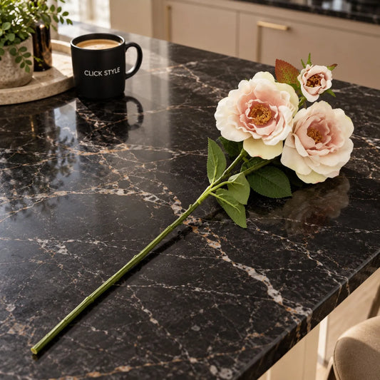 Artificial Pale Blush Tea Rose Stem with Open Blooms & Rosebud – Lifelike Palest Blush Pink Faux Rose Flowers with Realistic Green Foliage 60cm – Full-Length Single Stem on Black Marble Kitchen Island | Click Style