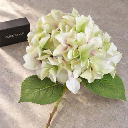 Artificial Pale Green Hydrangea Stem with Multi-Tonal Petals & Realistic Green Leaves – Lifelike Faux Green Hydrangea Flower 50x30x30cm close-up showing pale green cream and blush petals with detailed veining and serrated leaves | Click Style