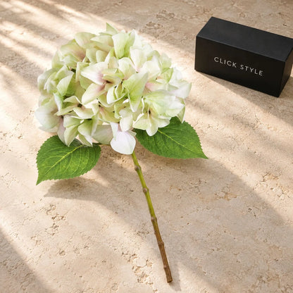 Artificial Pale Green Hydrangea Stem with Multi-Tonal Petals & Realistic Green Leaves – Lifelike Faux Green Hydrangea Flower 50x30x30cm displayed on limestone with black CLICK STYLE presentation box | Click Style