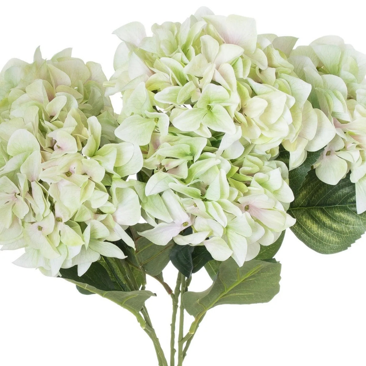Artificial Pale Green Multi-Bloom Hydrangea Bouquet Stem with Realistic Foliage – Large Lifelike Faux Light Lime Green Hydrangea 58cm – Flower Heads & Foliage Detail | Click Style