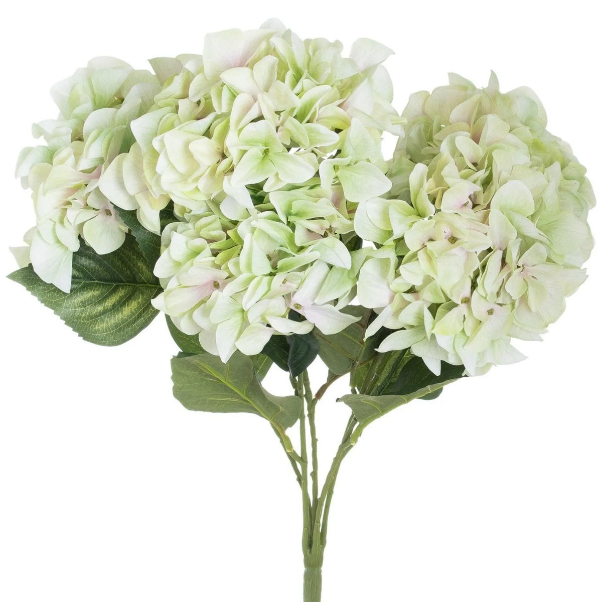 Artificial Pale Green Multi-Bloom Hydrangea Bouquet Stem with Realistic Foliage – Large Lifelike Faux Light Lime Green Hydrangea 58cm – Multi-Bloom Bouquet View | Click Style