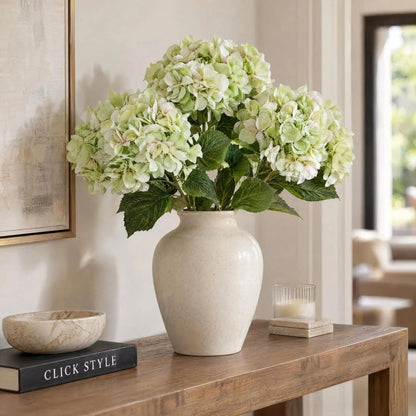Artificial Pale Green Multi-Bloom Hydrangea Bouquet Stem with Realistic Foliage – Large Lifelike Faux Light Lime Green Hydrangea 58cm – Three Stem Arrangement in Cream Vase | Click Style