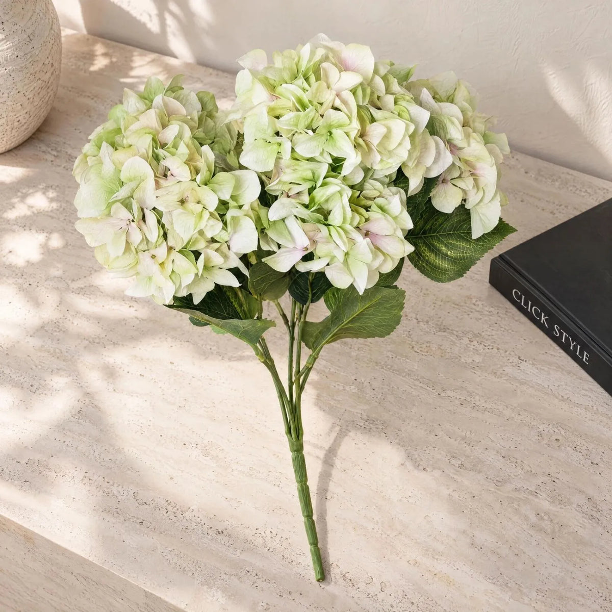 Artificial Pale Green Multi-Bloom Hydrangea Bouquet Stem with Realistic Foliage – Large Lifelike Faux Light Lime Green Hydrangea 58cm – Full Stem Lifestyle View | Click Style