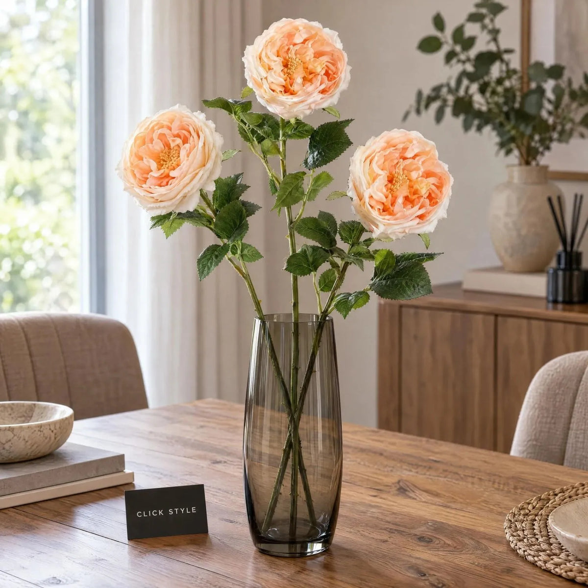 Artificial Pale Peach & Cream Portland Rose with Long Stem & Large Open Bloom – Lifelike Faux Peach Rose Flower with Realistic Green Foliage 72cm – Three Stem Arrangement in Smoked Glass Vase | Click Style