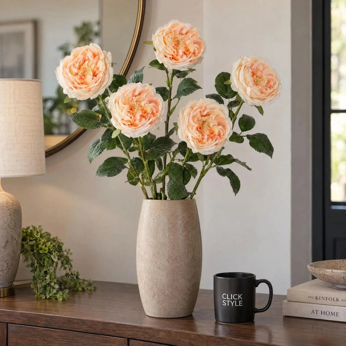 Artificial Pale Peach & Cream Portland Rose with Long Stem & Large Open Bloom – Lifelike Faux Peach Rose Flower with Realistic Green Foliage 72cm – Five Stem Arrangement in Tall Stone-Effect Vase | Click Style