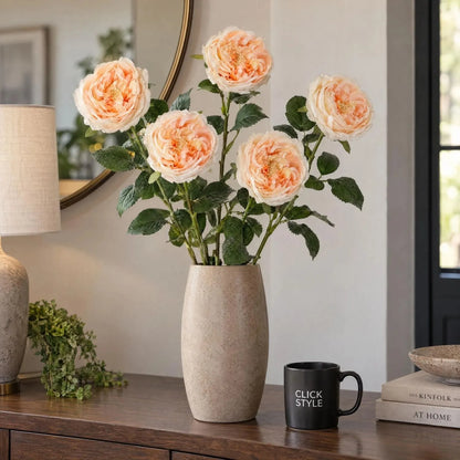 Artificial Pale Peach & Cream Portland Rose with Long Stem & Large Open Bloom – Lifelike Faux Peach Rose Flower with Realistic Green Foliage 72cm – Five Stem Arrangement in Tall Stone-Effect Vase | Click Style