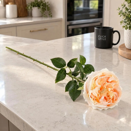 Artificial Pale Peach & Cream Portland Rose with Long Stem & Large Open Bloom – Lifelike Faux Peach Rose Flower with Realistic Green Foliage 72cm – Single Complete Rose Stem on Quartz Kitchen Island | Click Style