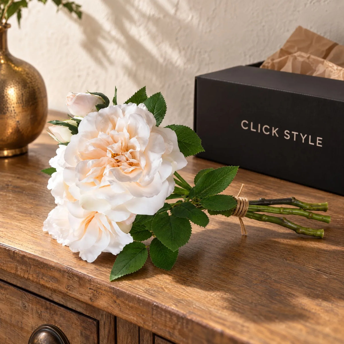 Artificial Pale Peach & Cream Rose Bunch with 3 Twine-Bound Stems – Realistic Faux Peachy Rose Posy 35x25x25cm – Complete Three-Stem Bunch with Click Style Parcel Box | Click Style