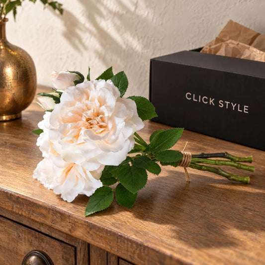 Artificial Pale Peach & Cream Rose Bunch with 3 Twine-Bound Stems – Realistic Faux Peachy Rose Posy 35x25x25cm – Complete Three-Stem Bunch with Click Style Parcel Box | Click Style