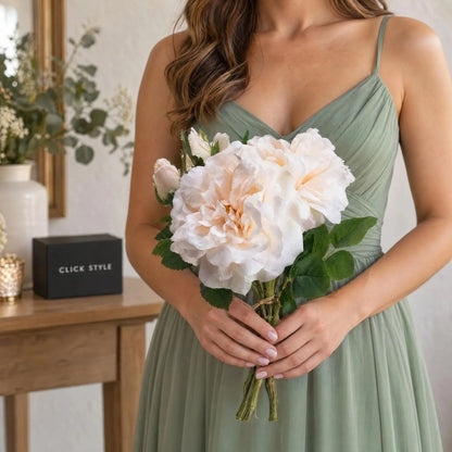 Artificial Pale Peach & Cream Rose Bunch with 3 Twine-Bound Stems – Realistic Faux Peachy Rose Posy 35x25x25cm – Woman Holding Three-Stem Bunch as Bridesmaid Posy | Click Style