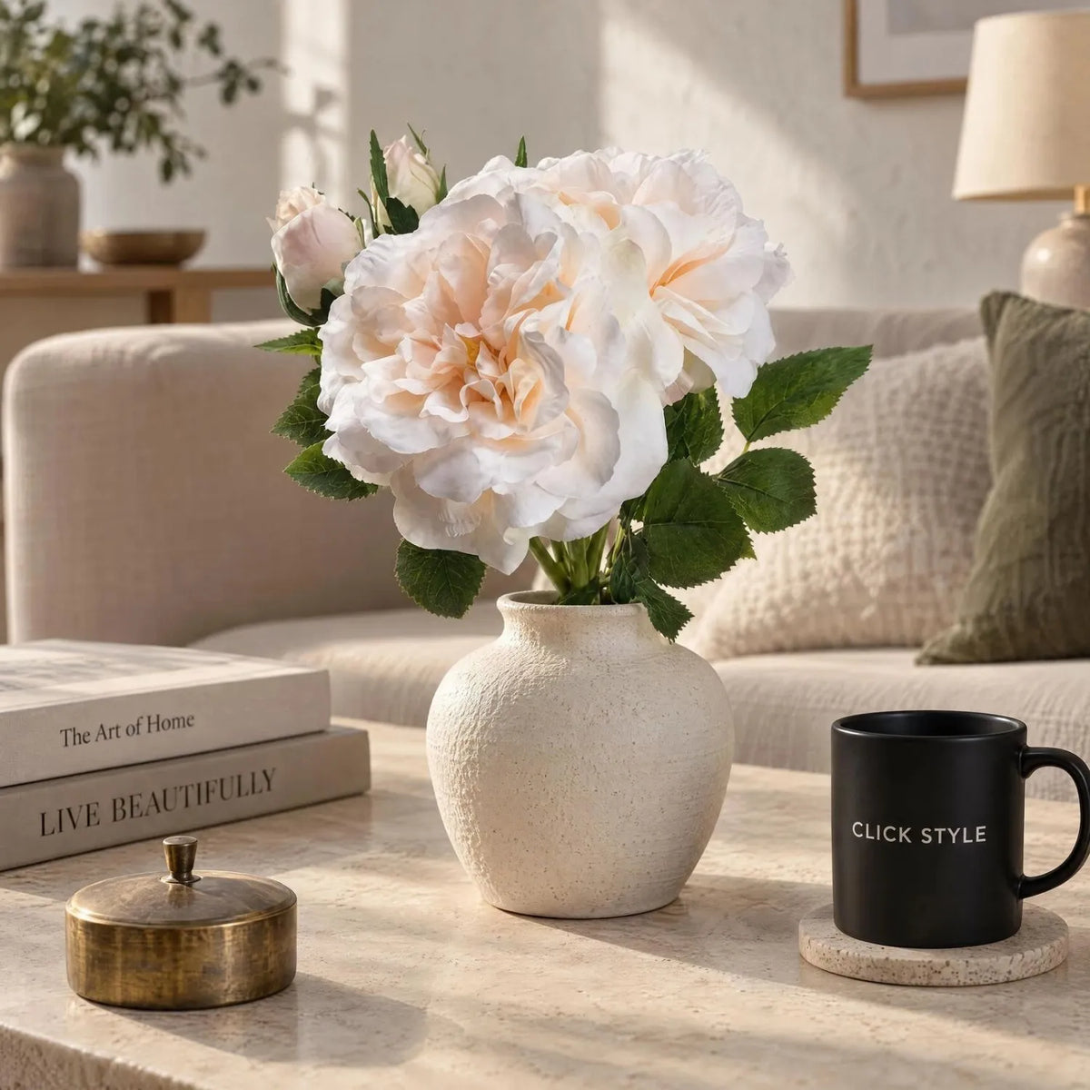Artificial Pale Peach & Cream Rose Bunch with 3 Twine-Bound Stems – Realistic Faux Peachy Rose Posy 35x25x25cm – Styled in Textured Ceramic Vase on Coffee Table | Click Style