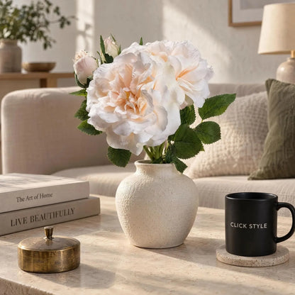 Artificial Pale Peach & Cream Rose Bunch with 3 Twine-Bound Stems – Realistic Faux Peachy Rose Posy 35x25x25cm – Styled in Textured Ceramic Vase on Coffee Table | Click Style